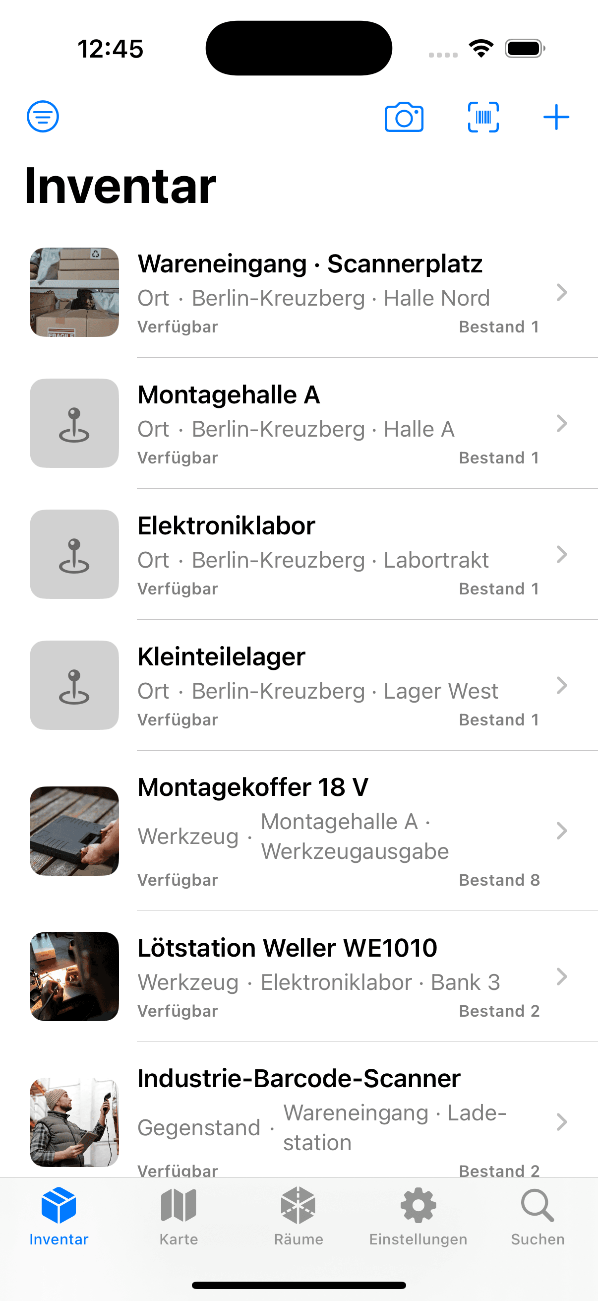 Real capture of the native Open Inventory iOS app showing inventory records with demo data