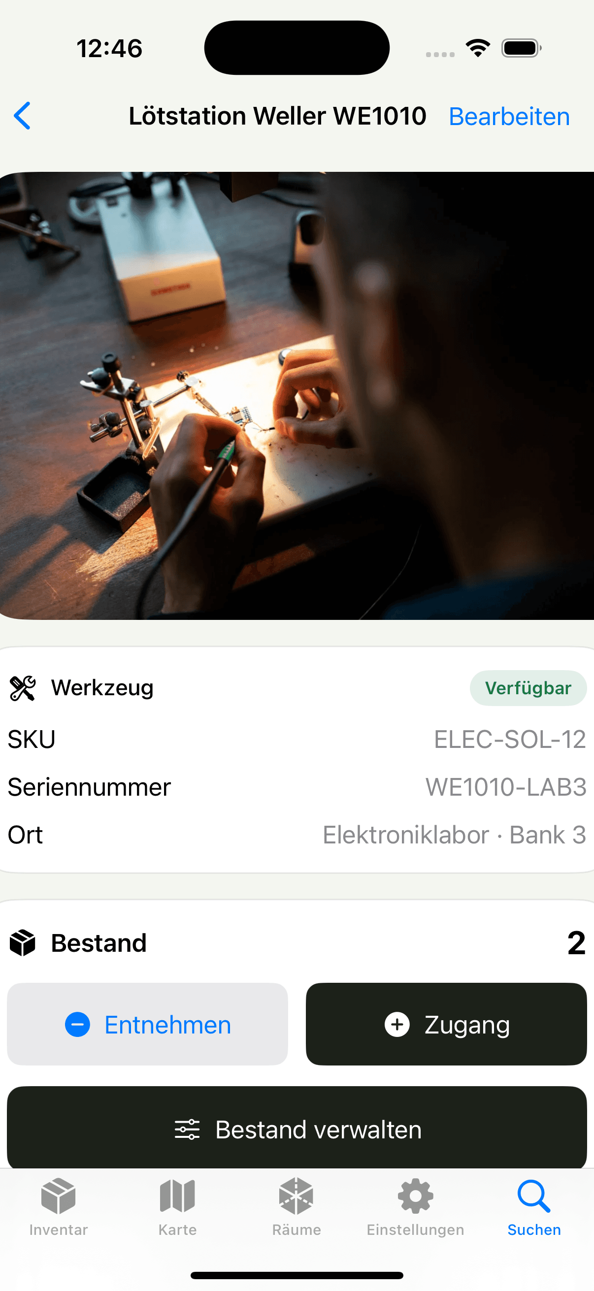 Real capture of the native Open Inventory iOS app showing an item detail with demo data