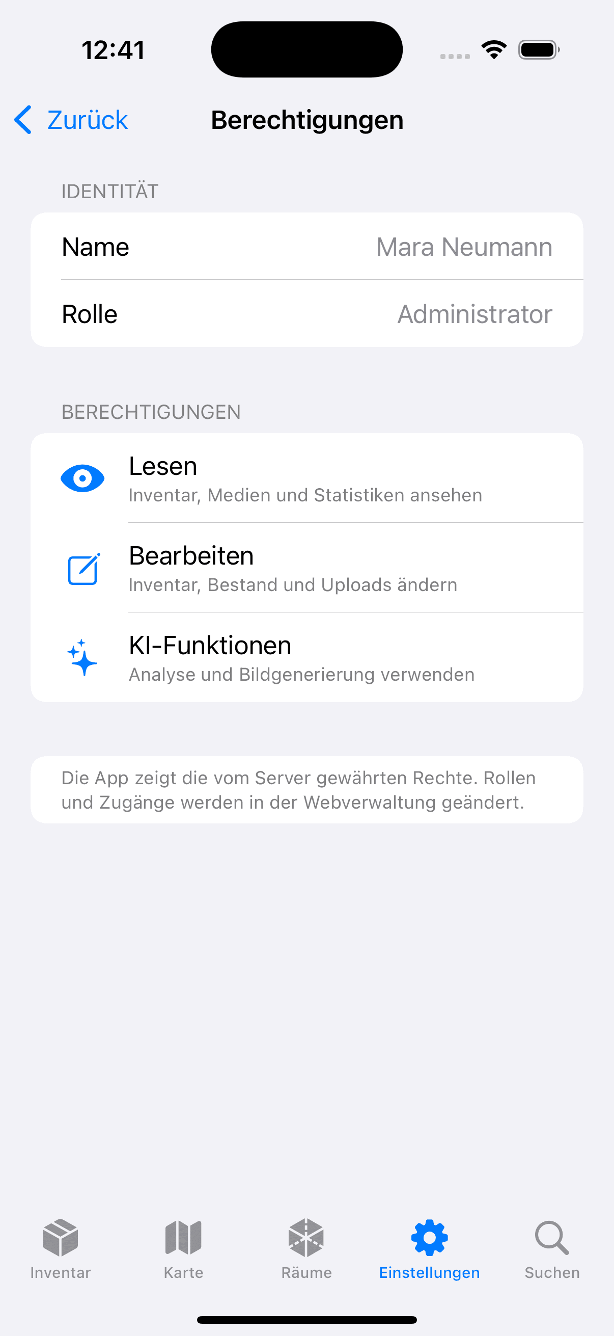 Actual native Open Inventory permissions screen for a demo administrator