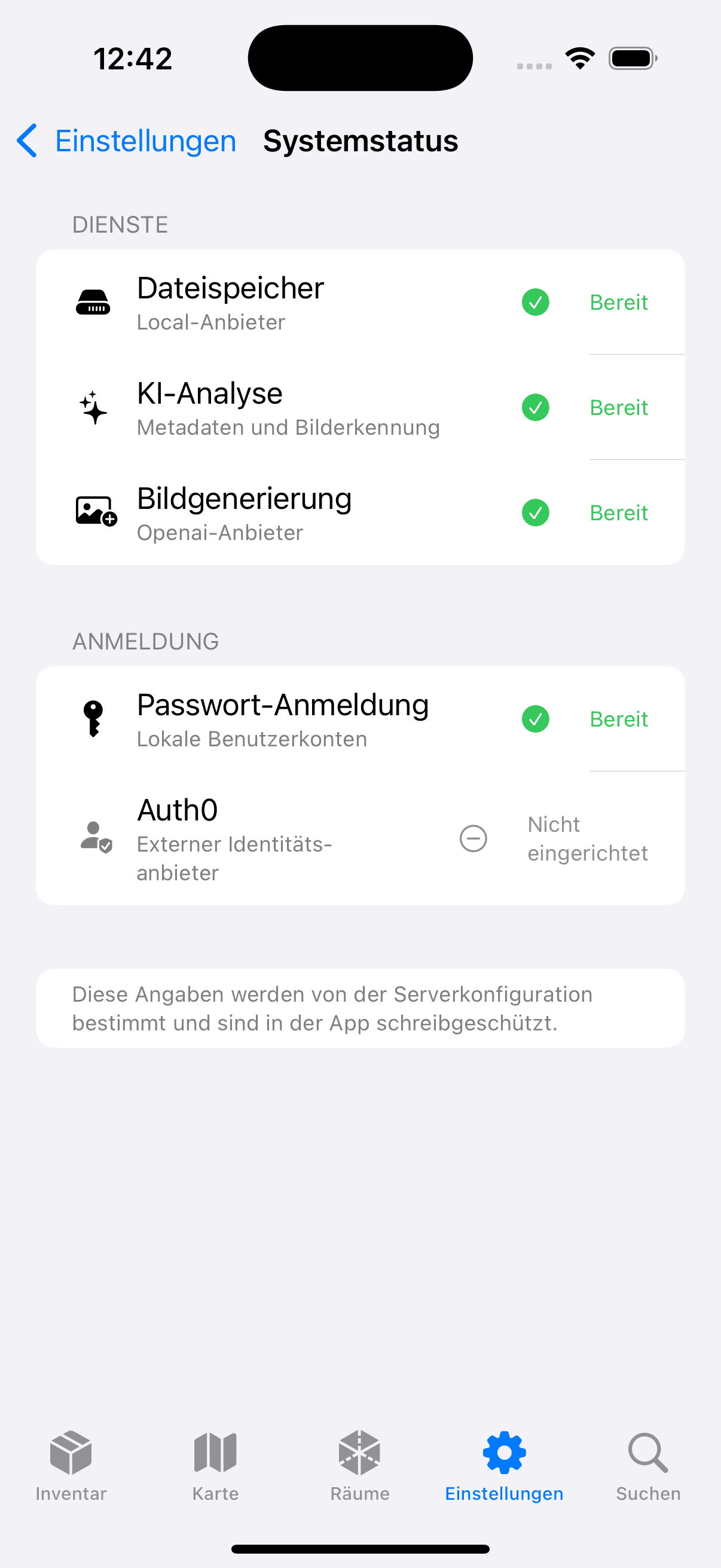 Actual native Open Inventory system-status screen for the local demo server