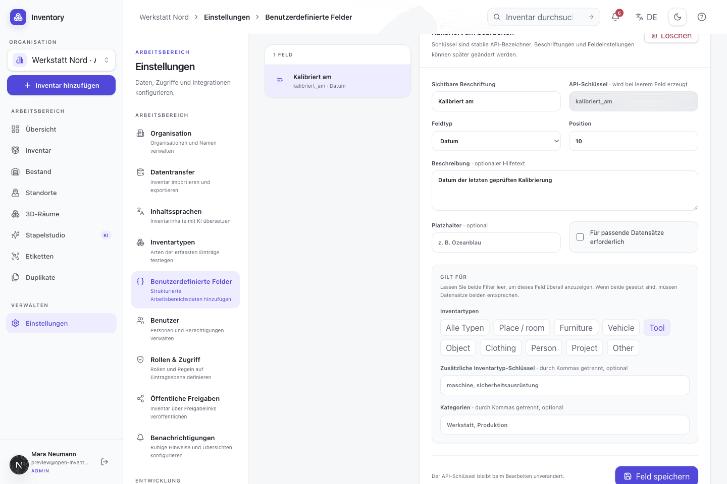 Structure custom fields in a real Open Inventory capture with demo records