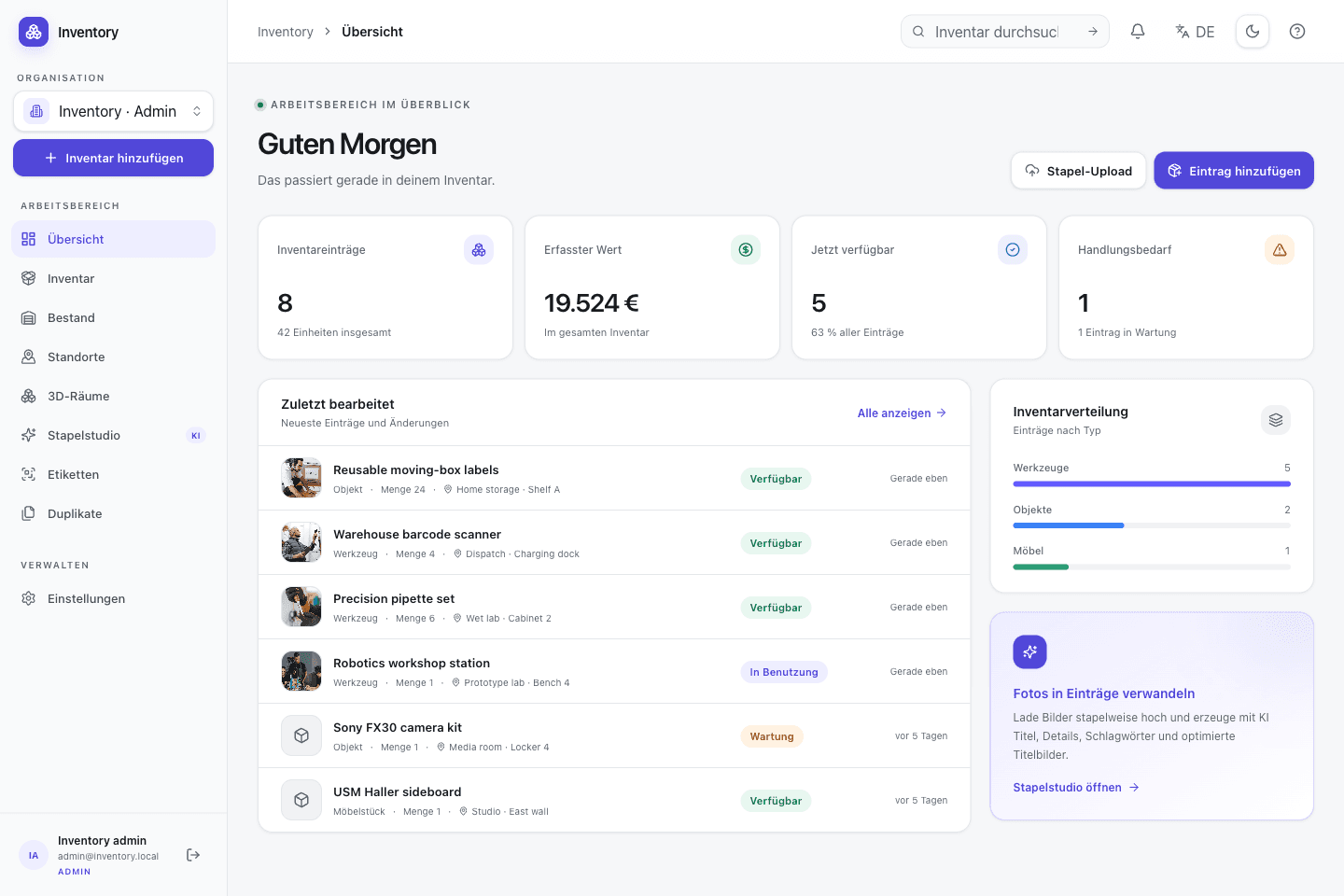 Actual Open Inventory dashboard capture with real object photographs and purpose-built demo data