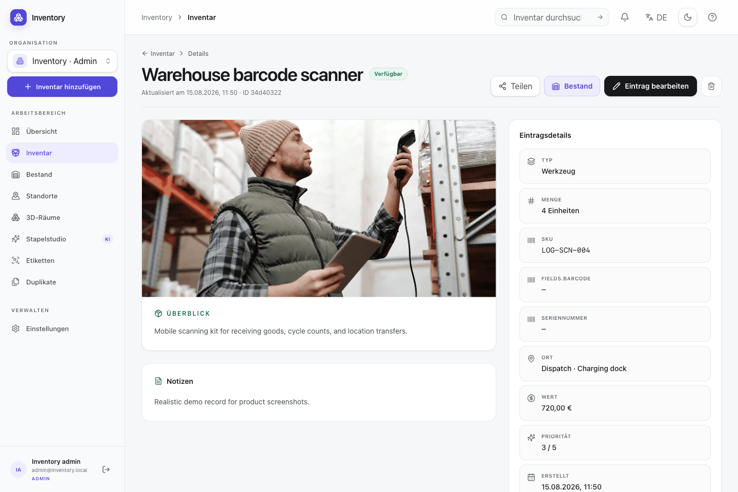 Direct capture of an inventory detail page in the Open Inventory web application with demo content