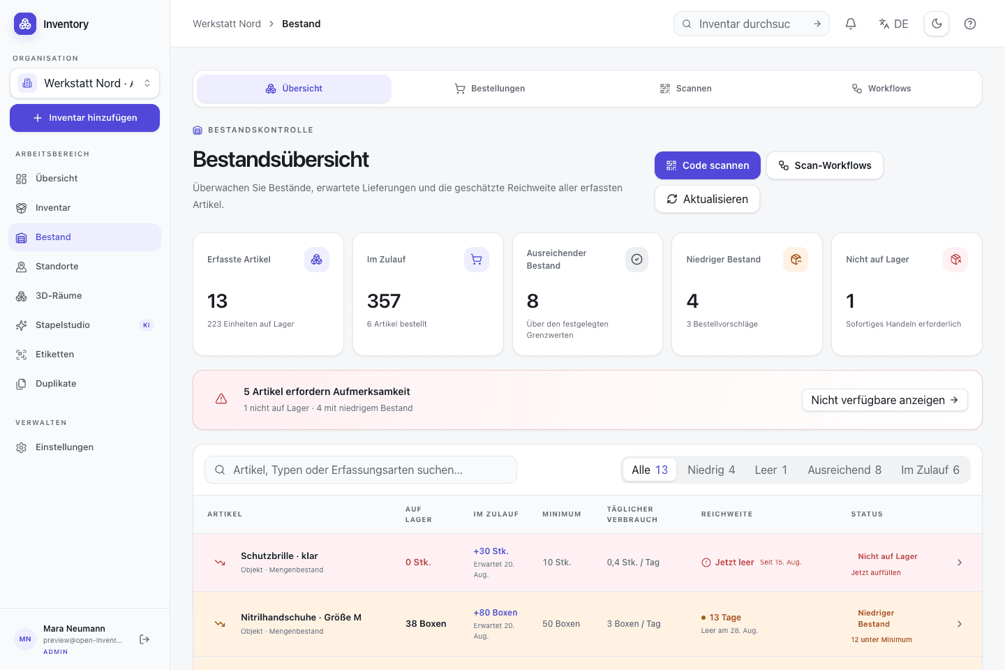 Actual Open Inventory stock management with a booking form, locations, and movement history